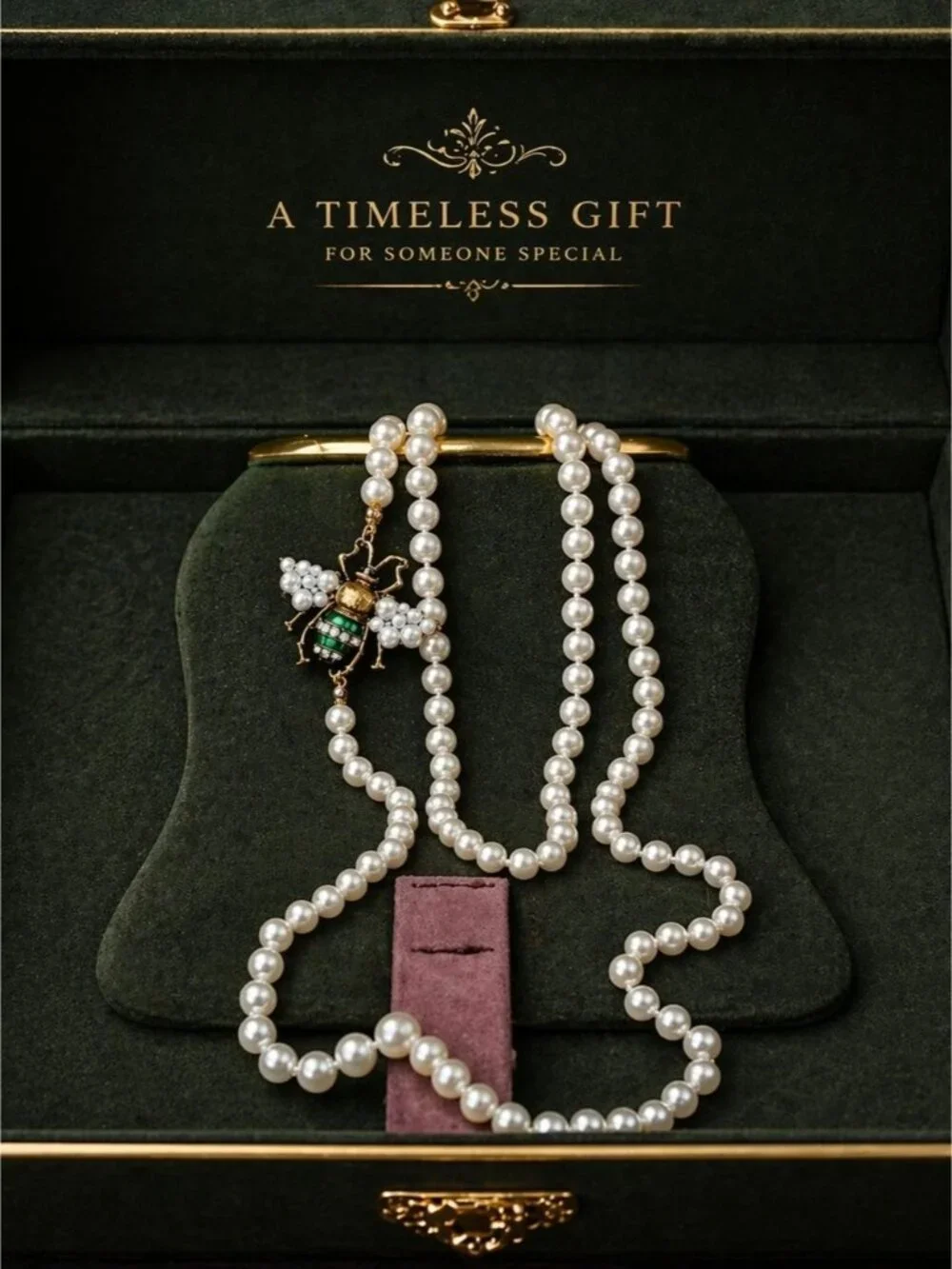 White Pearl Double-Strand Necklace with Bee Pendant